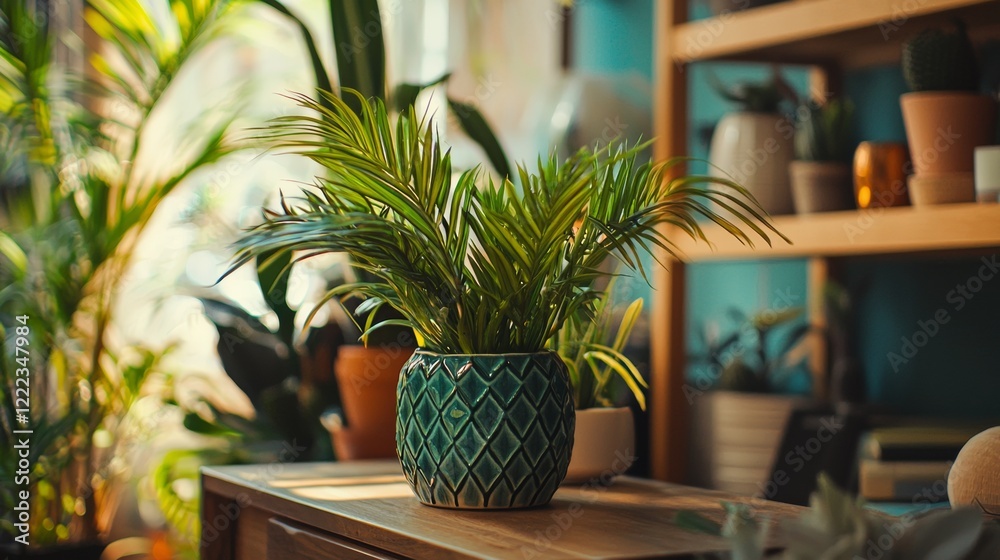 Fototapeta premium Indoor garden with tropical plants arranged on wooden shelves