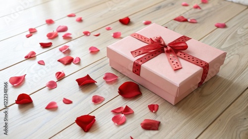 Pink gift box with red ribbon and rose petals on wooden surface