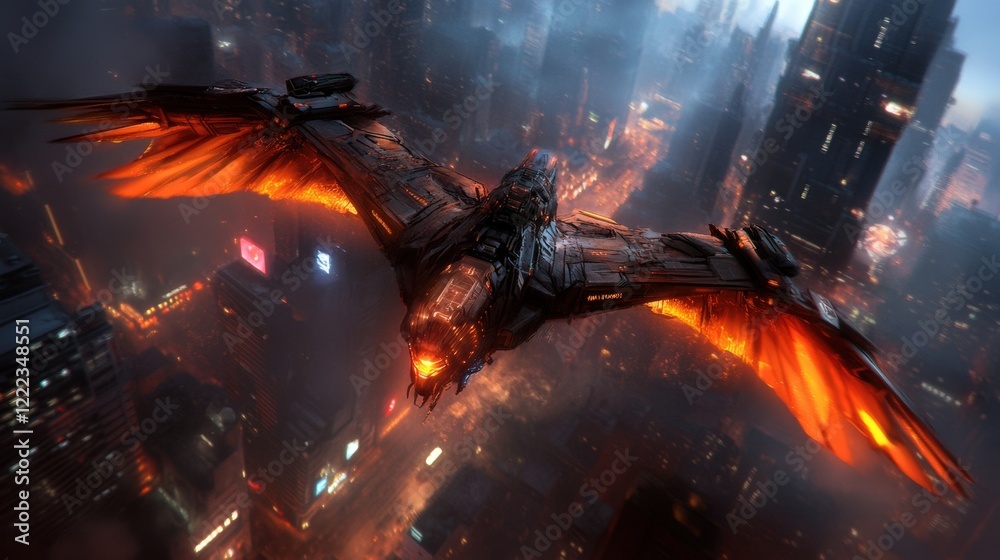 A biomechanical hawk with laser-sharp talons and digital vision, circling over a cyberpunk city A biomechanical hawk with laser-sharp talons and digital vision, circling over a cyberpunk city