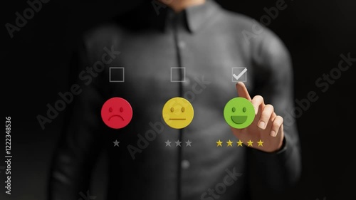 Close up of customer giving five star rating on virtual screen. Customer evaluation feedback, happy experience, positive review, online service rating, customer satisfaction. 4K 3D video animation