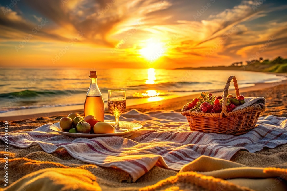 Obraz premium Romantic Sunset Picnic by the Ocean with Refreshing Drinks