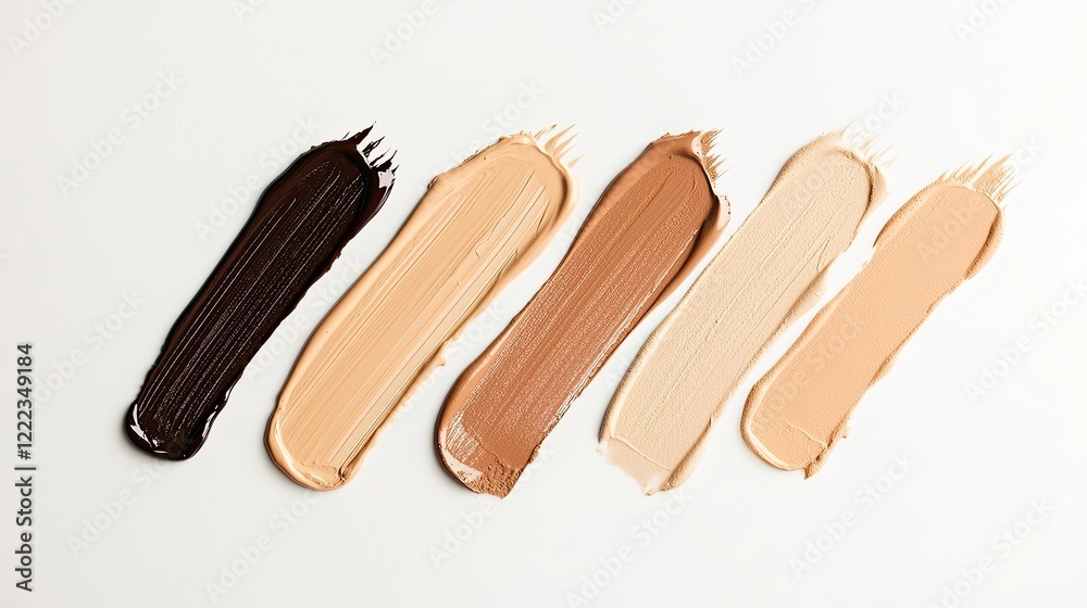 Photo of foundation liquid in different shades on a white background, top view Photo of foundation liquid in different shades on a white background, top view