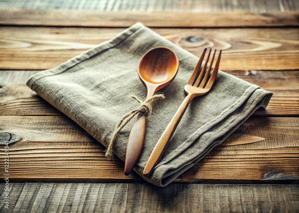 Fototapeta premium Rustic Wooden Table Setting: Spoon, Fork, and Linen Napkin - Utensil & Kitchenware Concept