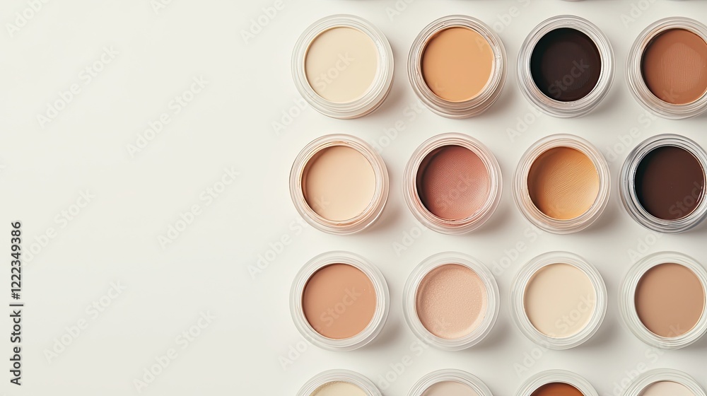 Photo of foundation liquid in different shades on a white background, top view Photo of foundation liquid in different shades on a white background, top view