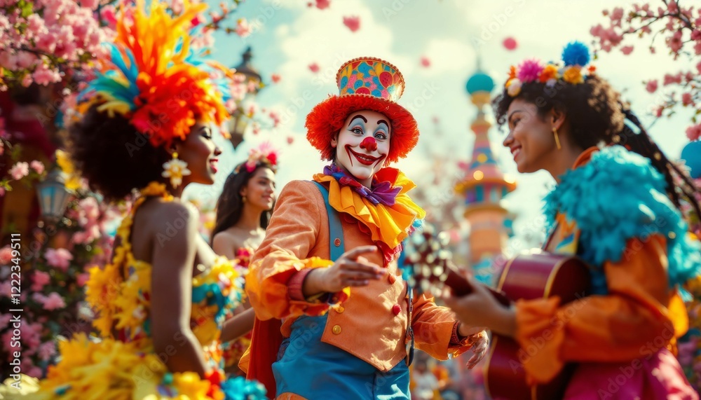 Fototapeta premium Vibrant spring carnival celebration with diverse performers in colorful costumes and blooming trees