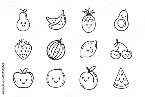 Fruits funny characters with a smile doodle hand drawn icon set. Different variable fruits happy smiling drawing clipart outline element.