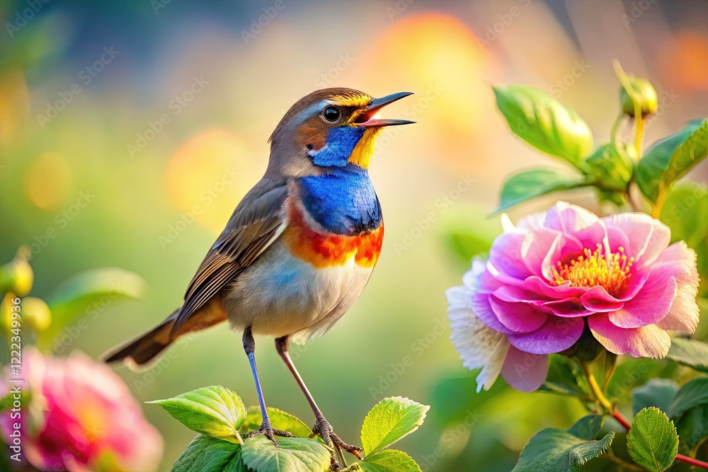 Fototapeta premium Silhouette of Bluethroat Bird Singing on Blooming Rose Bush in Sunny May Garden