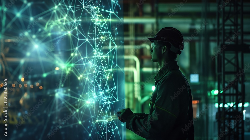Industrial Worker Analyzing Holographic Digital Network in Modern Factory Industrial Worker Analyzing Holographic Digital Network in Modern Factory