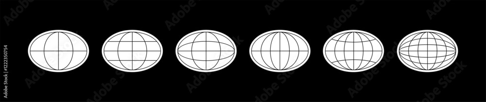 World globe grids in oval form. Linear striped spheres, earth latitude and longitude line grid. Retro futuristic design elements. Vector illustration.