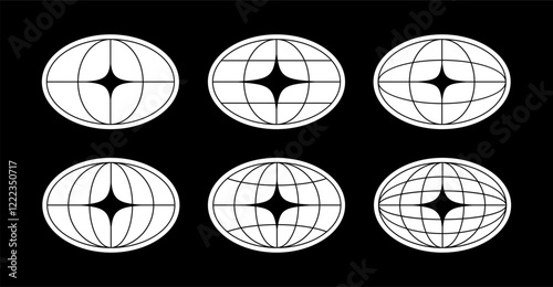 World globe grids in oval form with stars shapes. Linear striped spheres, earth latitude and longitude line grid. Retro futuristic design elements. Vector illustration.