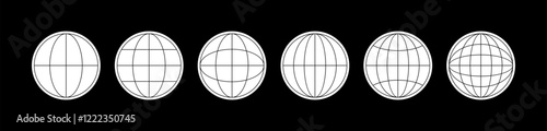 World globe grids in circle form. Linear striped spheres, earth latitude and longitude line grid. Retro futuristic design elements. Vector illustration.
