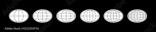 World globe grids in oval form. Linear striped spheres, earth latitude and longitude line grid. Retro futuristic design elements. Vector illustration.
