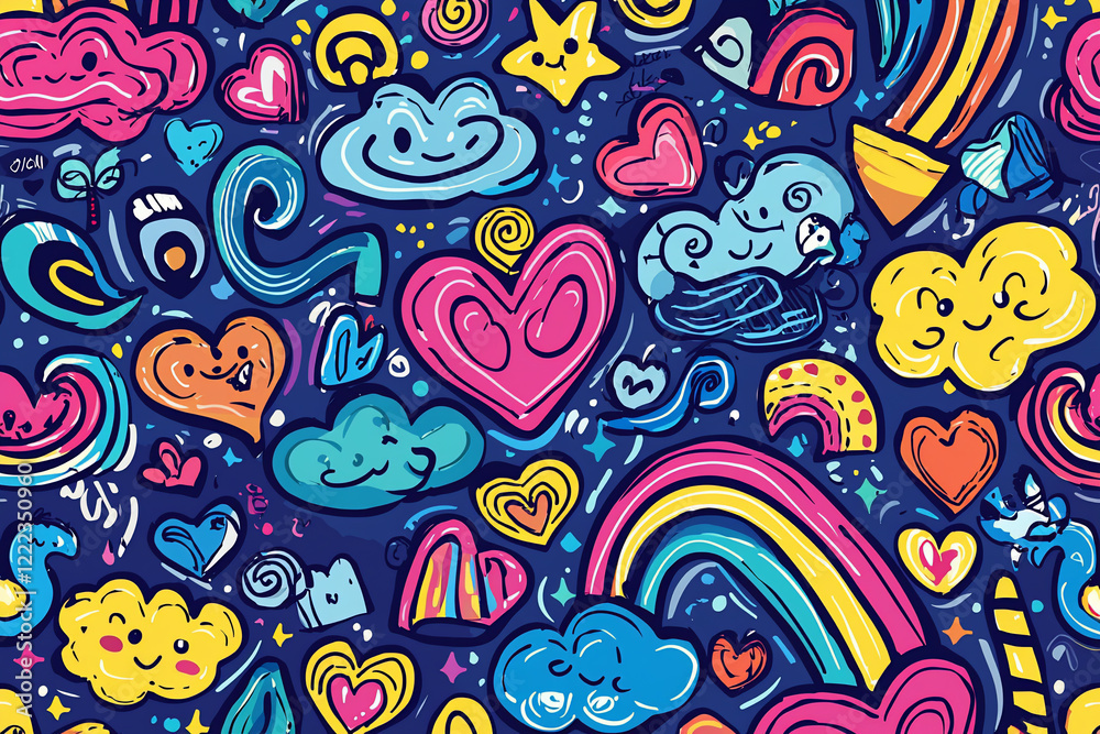 Colorful and whimsical doodles of clouds, hearts, and rainbows on a dark background creating a joyful scene