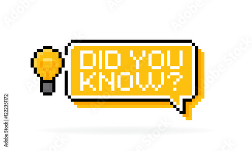 Pixel art style speech bubble with the light bulb and phrase Did you know? 8 bit logo design on white background. Vector illustration.