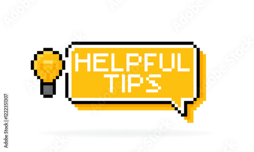 Pixel art style speech bubble with the light bulb and phrase Helpful  Tips. 8 bit logo design on white background. Vector illustration.