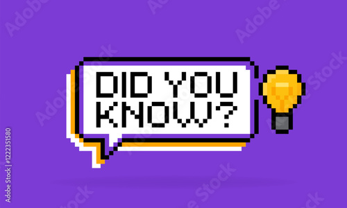 Pixel art style speech bubble with the light bulb and phrase Did you know? 8 bit logo design on purple background. Vector illustration.