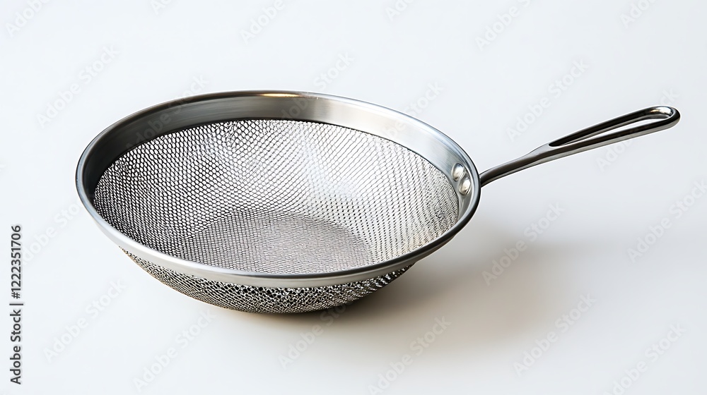 A metallic strainer with a handle is shown from a slightly high angle. 