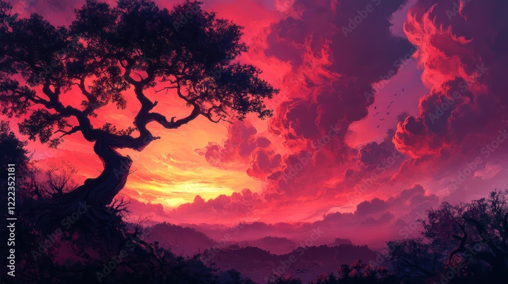 Dramatic sunset with dark tree silhouette against vibrant sky and clouds scenery Dramatic sunset with dark tree silhouette against vibrant sky and clouds scenery