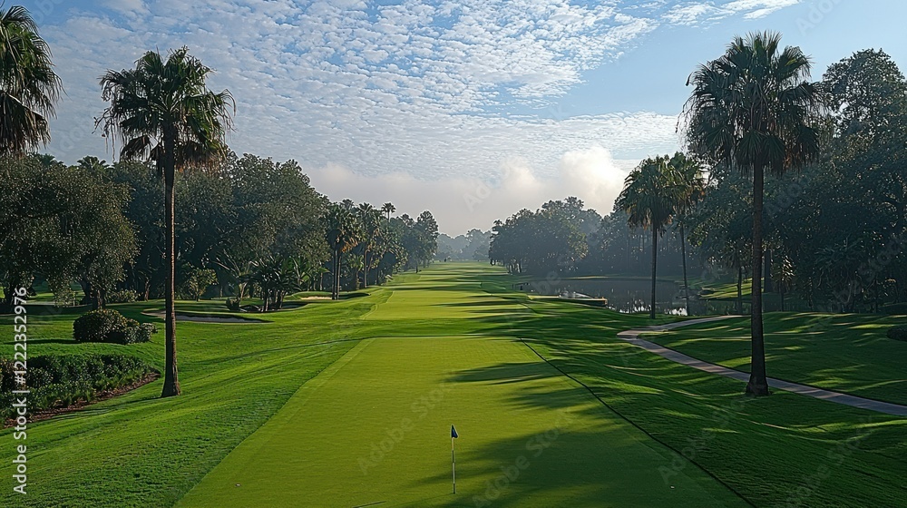 Obraz premium Serene Golf Course Morning: Palm Trees and Lush Greens