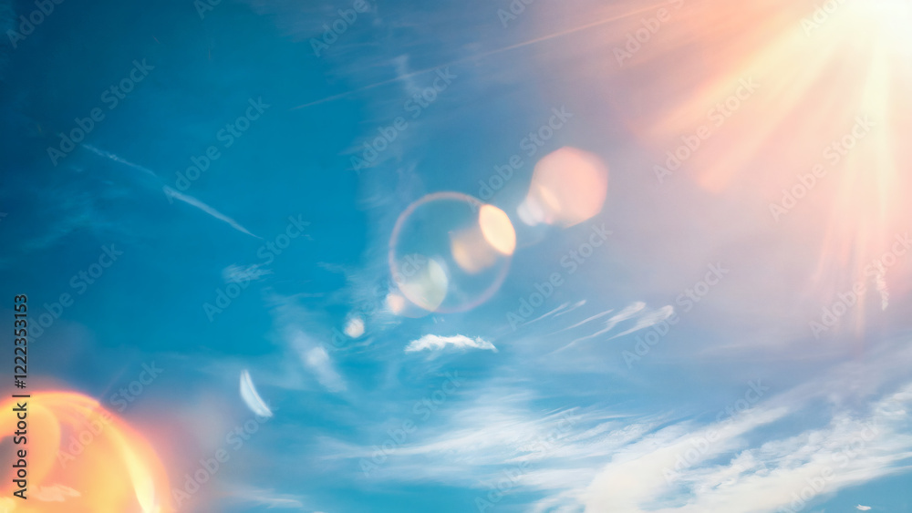 Obraz premium 眩い太陽を反射し 夏の青空に映り込むレンズフレアの光の効果、コピースペースあり