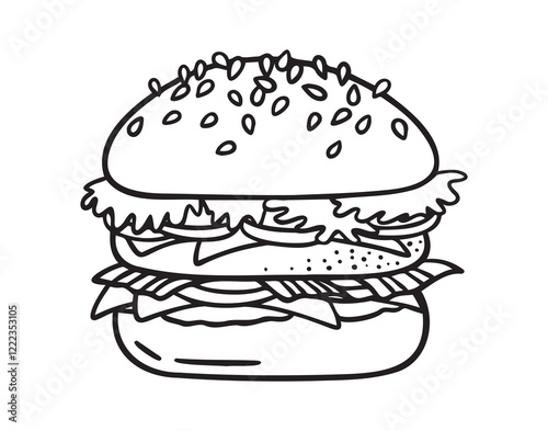 Hamburger doodle icon, burger hand drawn sign. Outline hamburger, burger line.