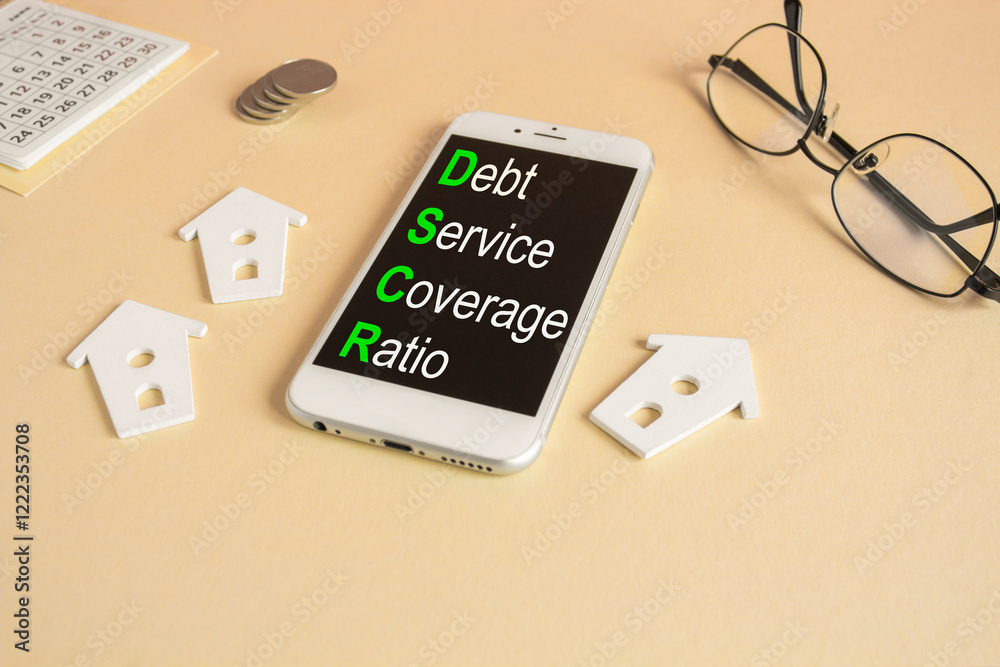 Concept words DSCR debt service coverage ratio on the mobile phone screen. Beautiful beige background. Glasses, miniature houses, coins. Business and debt service coverage ratio concept.