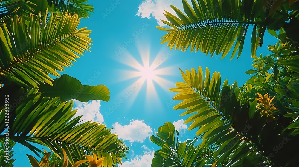 Fototapeta premium Bright Sun Shining Through Lush Green Tropical Foliage Above
