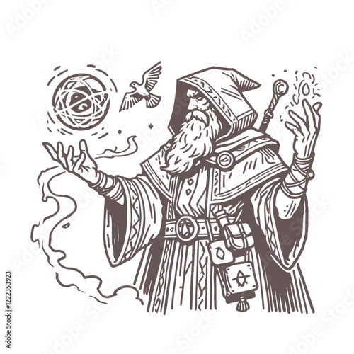 A fantasy wizard in a hooded robe summoning magical symbols and elements with an ancient grimoire. Isolated vector illustration.