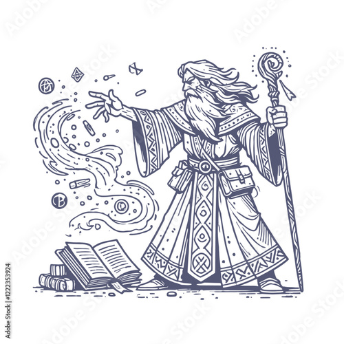 Detailed wizard casting a spell with magic book and swirling runes, wearing an ornate robe and holding a staff. Ideal for fantasy, RPG, and storytelling designs. Isolated vector illustration.