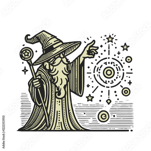 A legendary wizard with a staff surrounded by arcane symbols and magical elements in a detailed fantasy style. Isolated vector illustration.