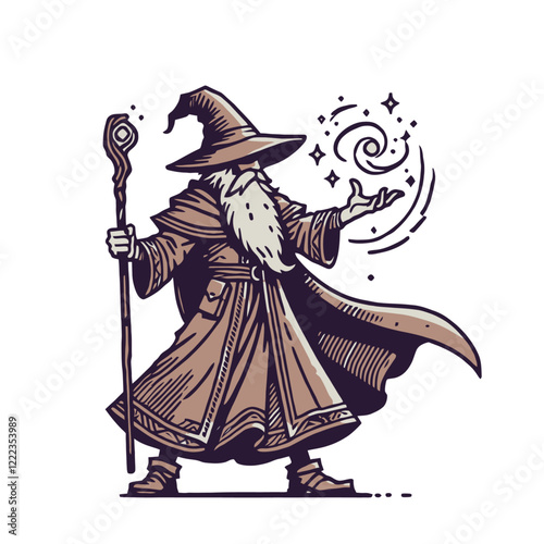Classic fantasy wizard conjuring magical energy with a swirling spell effect. He wears a cloak and holds a magical staff. Isolated vector illustration.
