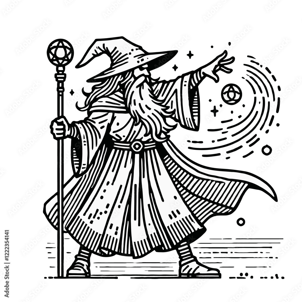 Powerful wizard casting a swirling magic spell with a glowing staff, wearing a flowing robe. Perfect for fantasy, RPG, and mystical artwork. Isolated vector illustration. Powerful wizard casting a swirling magic spell with a glowing staff, wearing a flowing robe. Perfect for fantasy, RPG, and mystical artwork. Isolated vector illustration.
