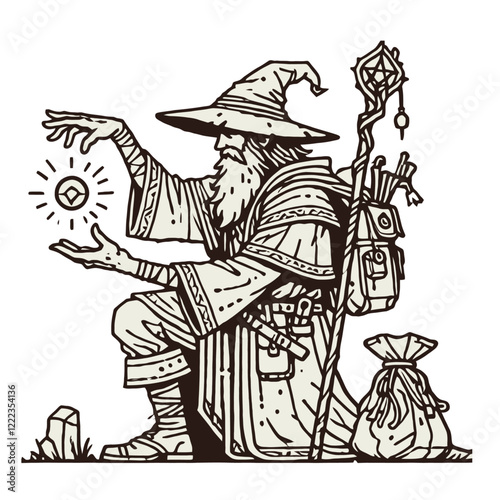 Detailed wizard traveler kneeling with a magic crystal, carrying a staff and backpack. Great for adventure, fantasy, and role-playing designs. Isolated vector illustration.