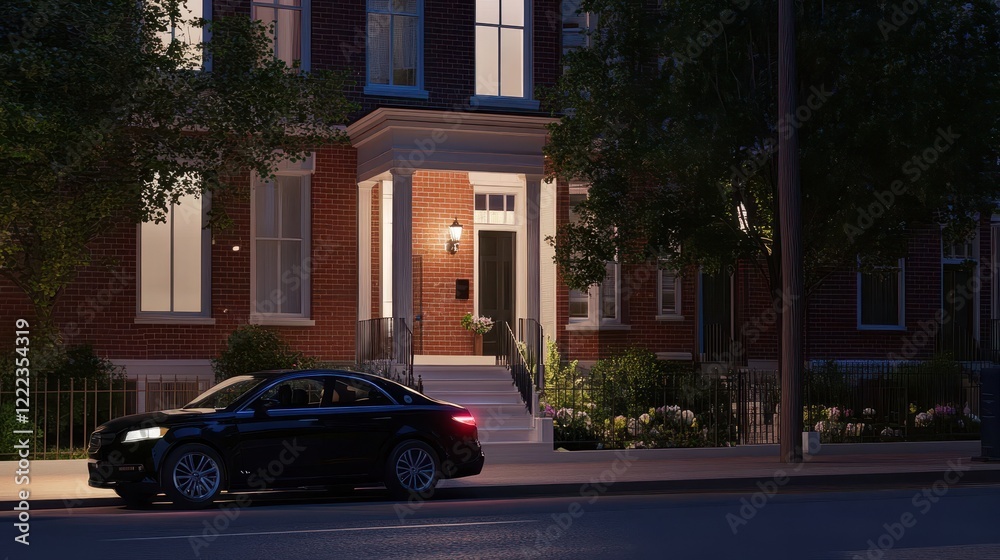 Night scene of a black car parked near a brick house Night scene of a black car parked near a brick house