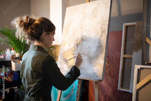 Young woman painting in her atelier