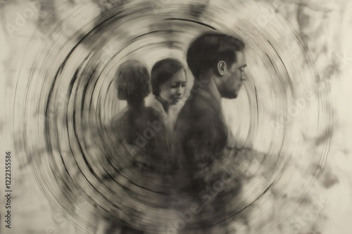 Charcoal sketch of a family, man, woman and child, fading into a background of concentric circles, conveying concepts of time, memory and family ties