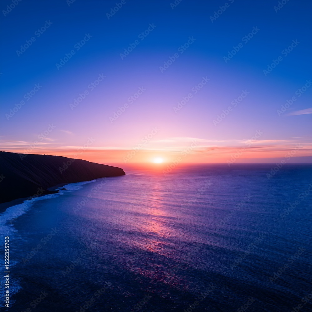 Breathtaking sunset over calm ocean waves and serene coastline view Breathtaking sunset over calm ocean waves and serene coastline view