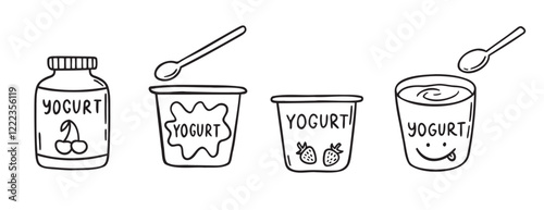yoghurt and package of yogurt doodle hand drawn icon set. Outline drawing yoghurt line clipart symbol collection