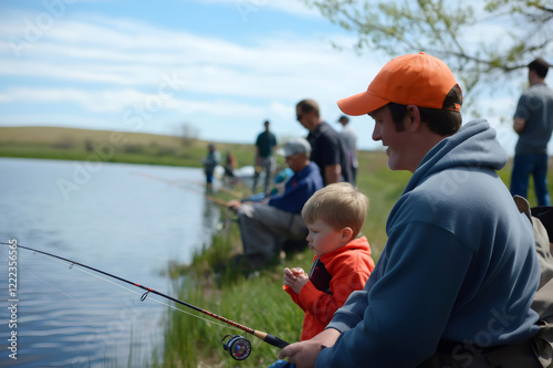 Father and son bonding while participating in a charity fishing tournament on a bright, sunny day, creating lasting memories together photo