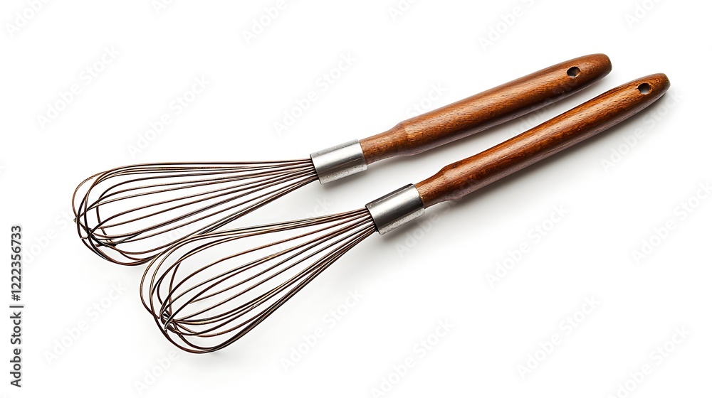 Two whisks lay angled on a plain white surface. Two whisks lay angled on a plain white surface.