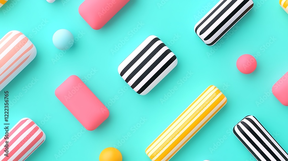 Colorful geometric shapes on vibrant background with pink, black, white, and yellow stripes for creative projects Colorful geometric shapes on vibrant background with pink, black, white, and yellow stripes for creative projects