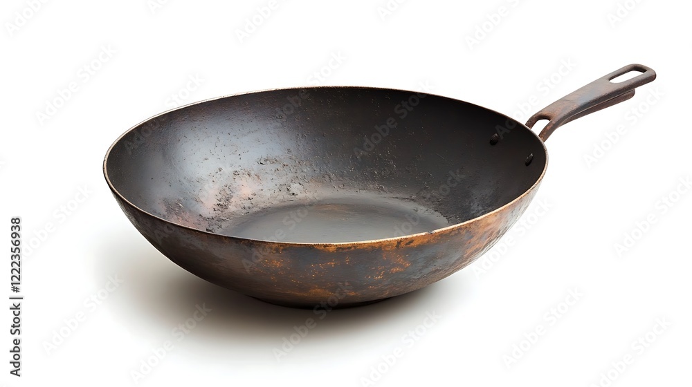 A dark metal wok sits centered, showcasing two looped handles. A dark metal wok sits centered, showcasing two looped handles.