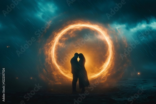 Wallpaper Mural Couple facing a storm, their love creating a glowing portal in a surreal, otherworldly scene Torontodigital.ca