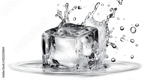 A big ice cube splashing into clear water motion illustration white background