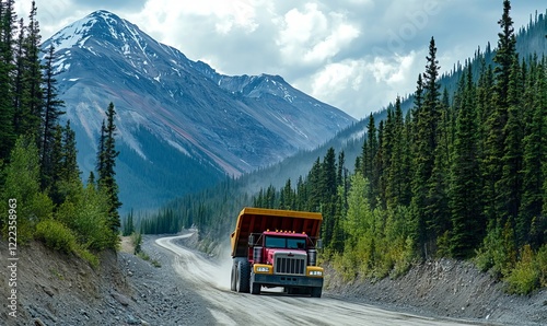 Wallpaper Mural Heavy Dump Truck Transporting Minerals from Mountain Mine to Processing Area Highlighting Industrial Scale Operations, Generative AI Torontodigital.ca