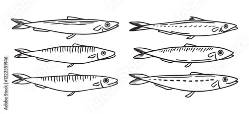 sea fish, sprat, herring, mackerel, little fish doodle hand drawn icon. Outline drawing sea fish, herring, mackerel, little fish line clipart symbol