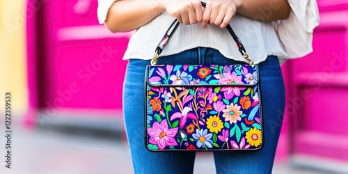 lifestyle photo of floral designer bag, woman photo