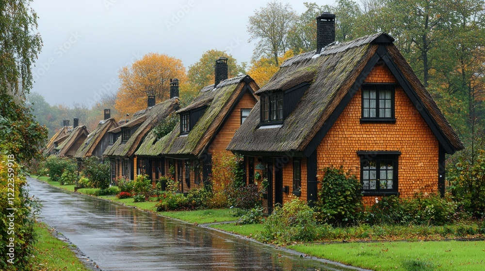 Fototapeta premium Charming Row of Thatched-Roof Cottages on a Rainy Day