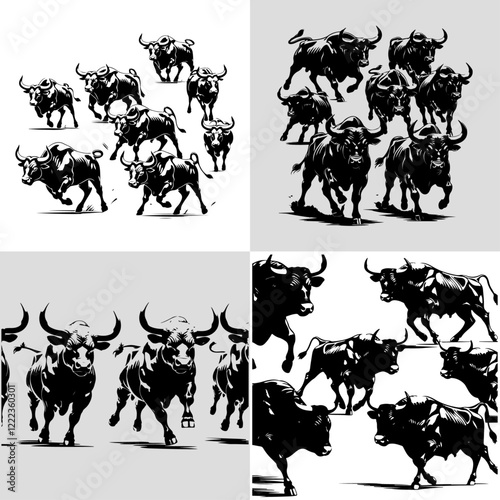 creative bold black vector collection of bulls in aggressive running poses