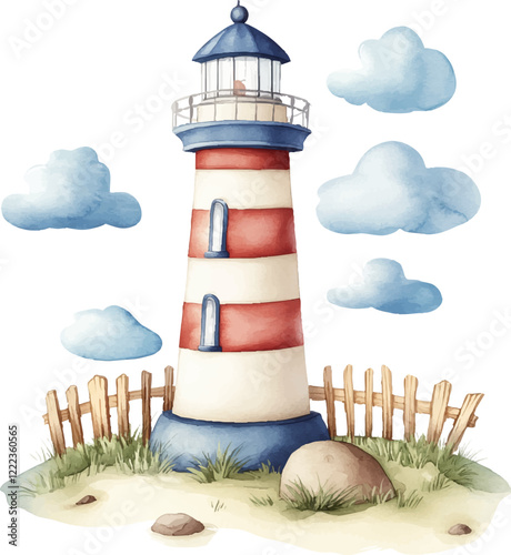 Clip art. Watercolor lighthouse, white background.
